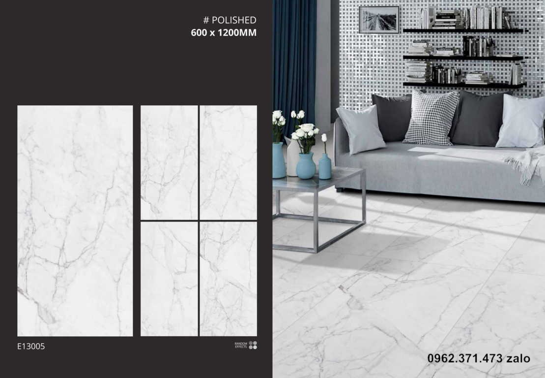 Ốp phòng khách gạch 60x120 trắng khói